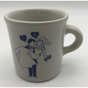 Fishs Eddy Jason Oranzo Coffee Tea Mug White Blue WE DO Marriage Wedding 8 oz